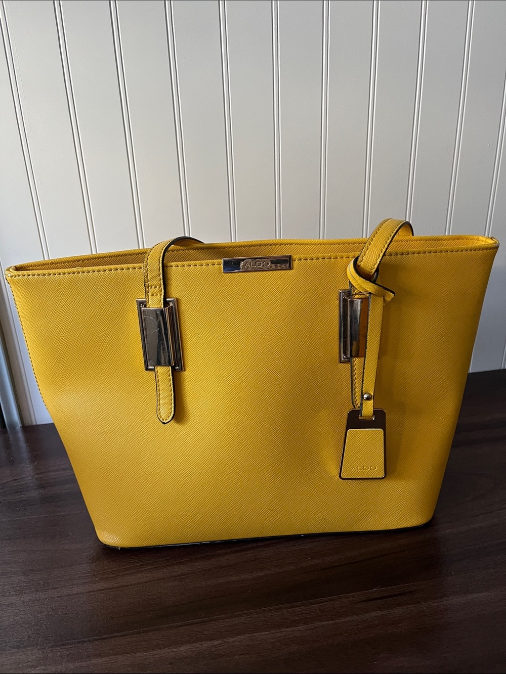 Aldo Mustard Yellow Structured Tote with Gold Accents
